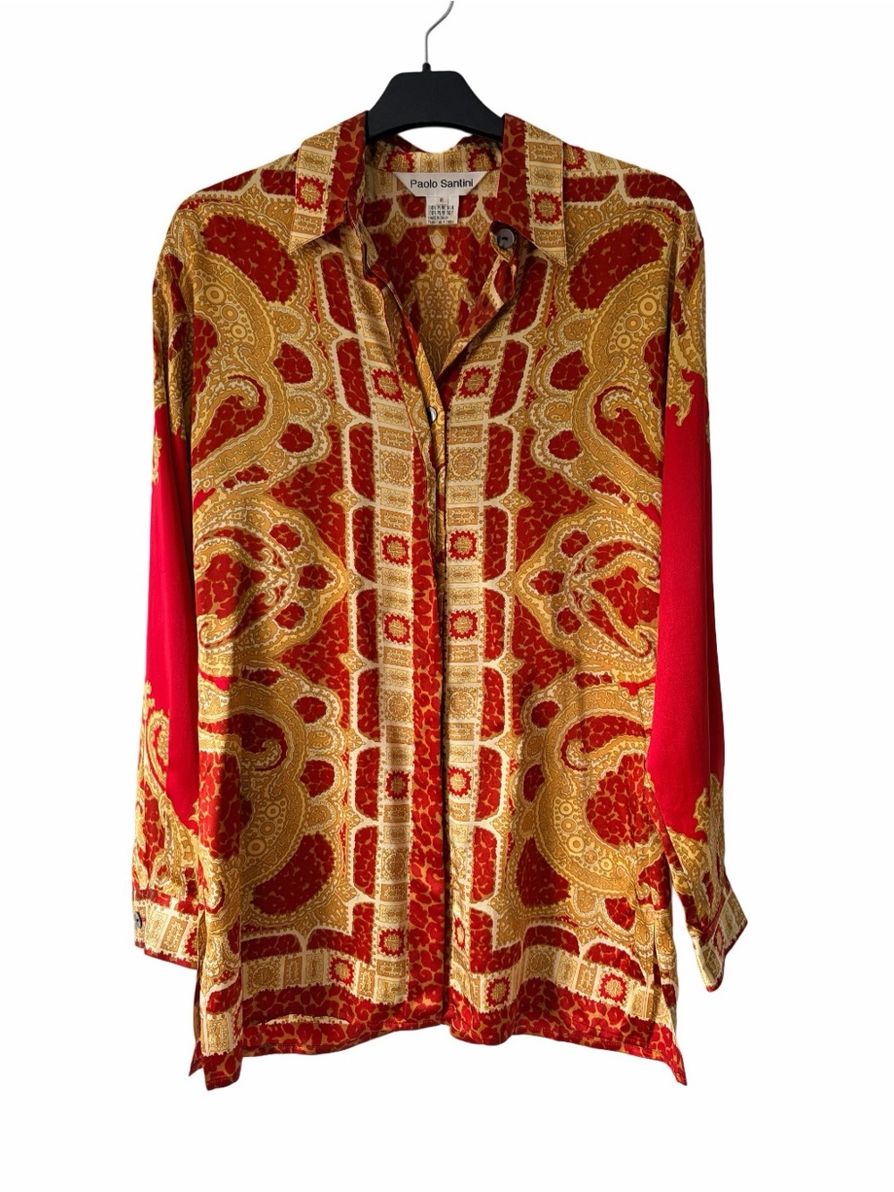 Paolo Santini Red Yellow Pure Silk Blouse Button Down size 8